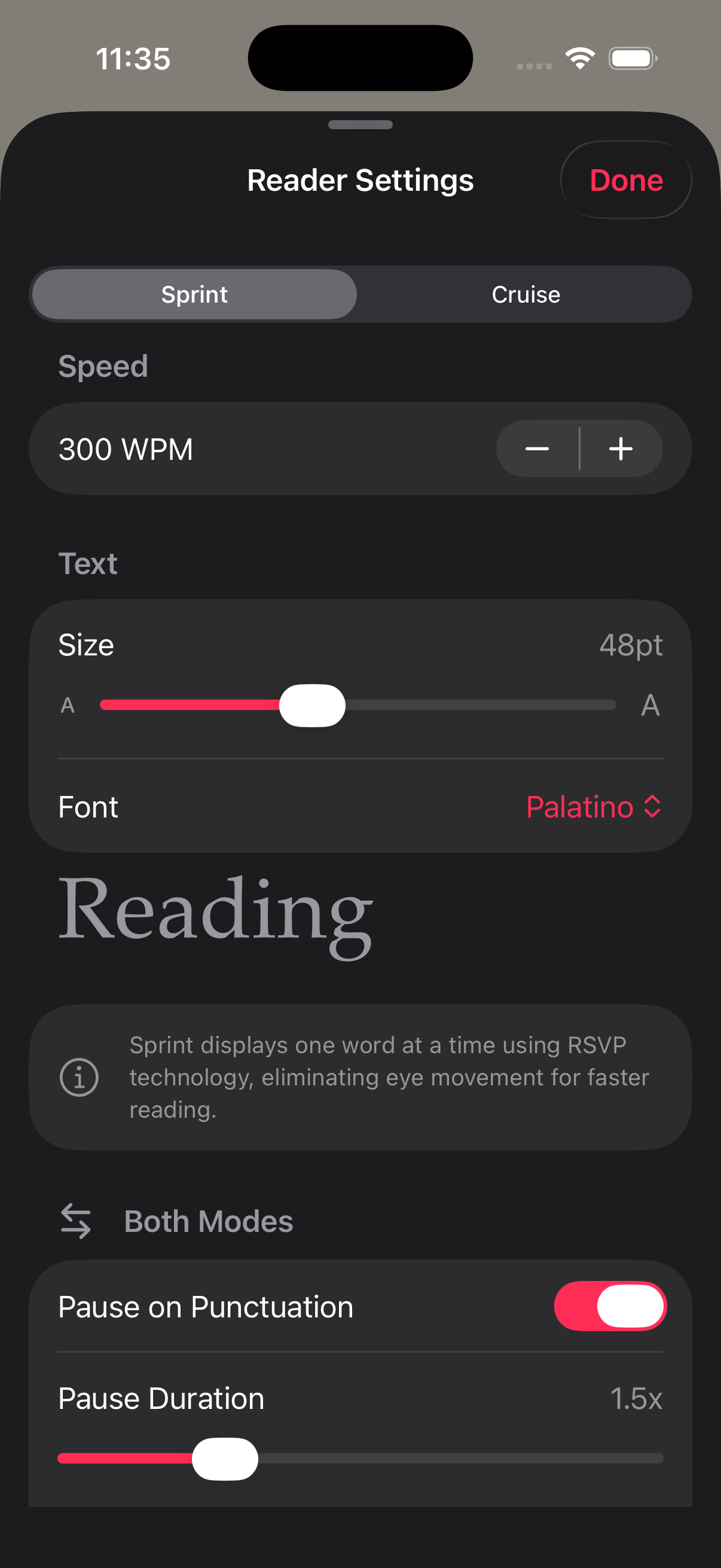change fonts themes and speed screenshot showing RSVP Reader font settings, theme controls, and reading speed sliders