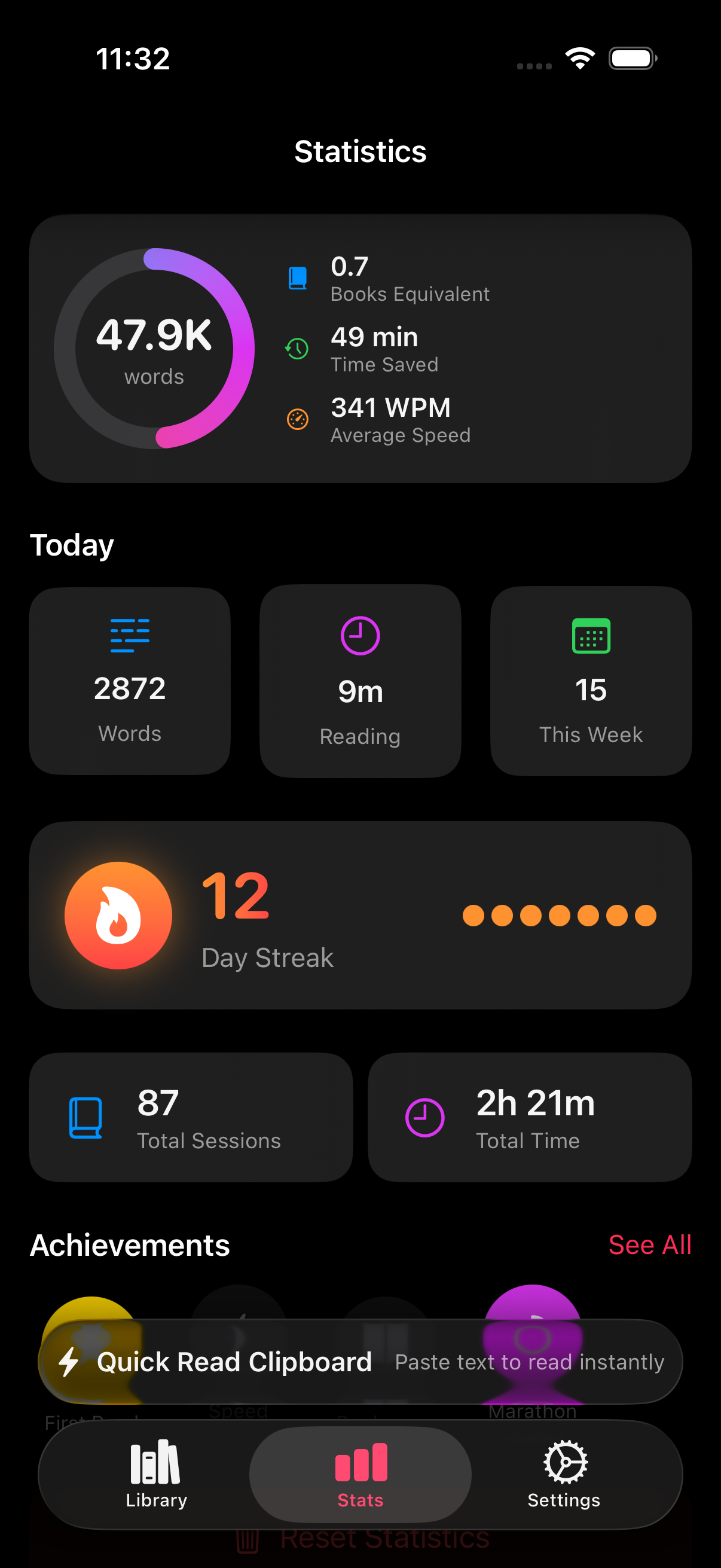 what is a good reading speed screenshot showing RSVP Reader WPM controls, measured reading pace, and comprehension-friendly reading settings