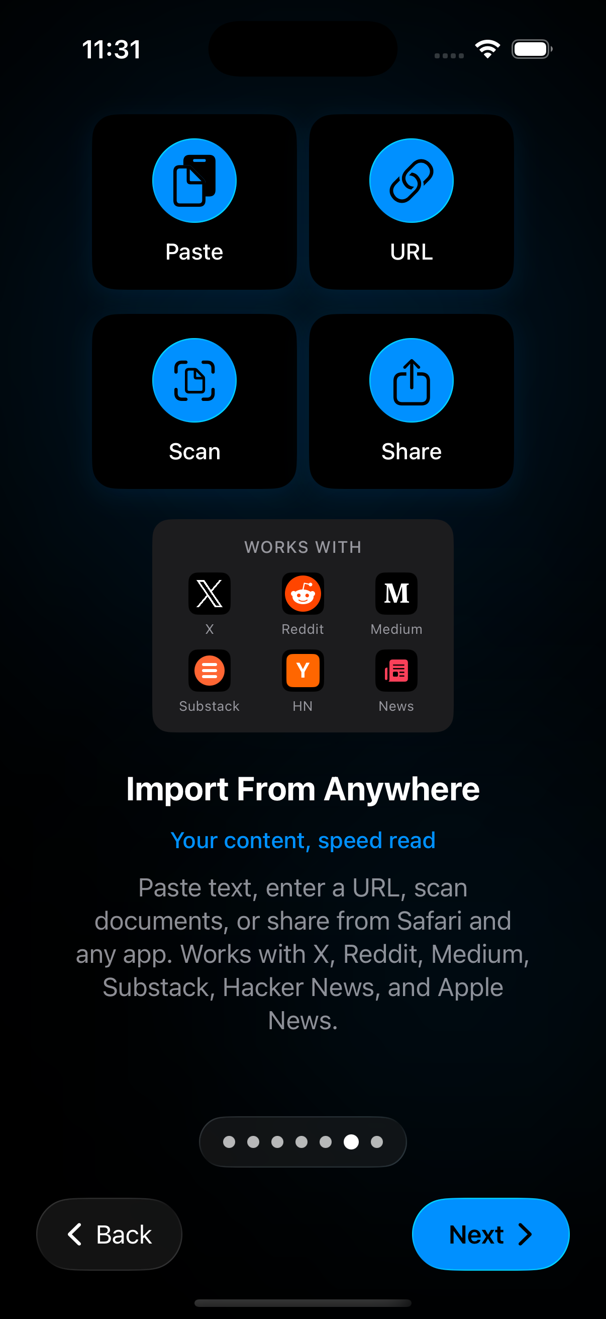 import PDF and EPUB screenshot showing RSVP Reader document import options, PDF and EPUB support, and saved library entry flow