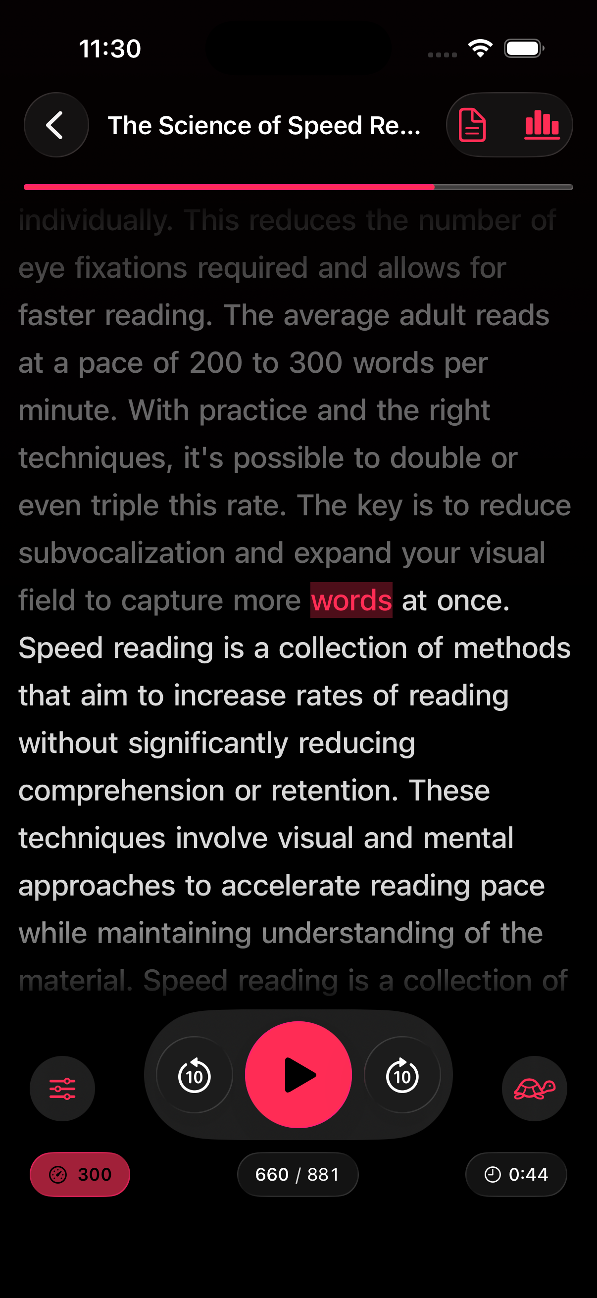 RSVP Reader vs Bionic Reading comparison screenshot showing paced RSVP controls, word emphasis styling, and adjustable reading modes